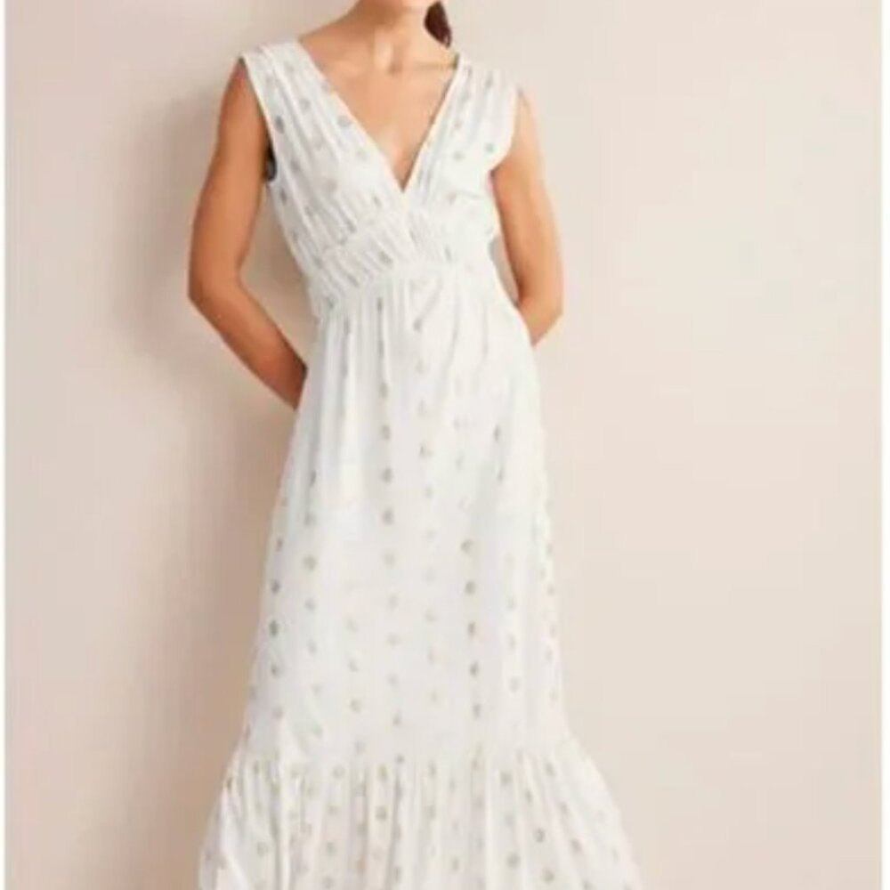 BODEN Smocked Jersey Maxi Dress, White/Gold, Size 8R. Like New